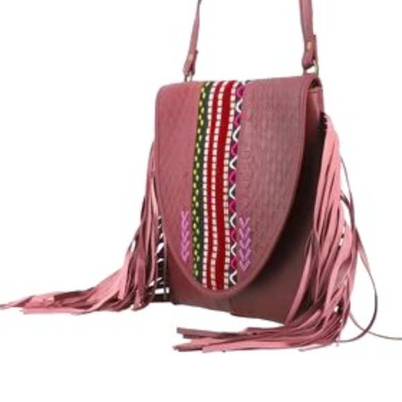 Genuine Plum Soft Leather Western Abstract Pattered Fringe Crossbody Bag NWT - Picture 4 of 6
